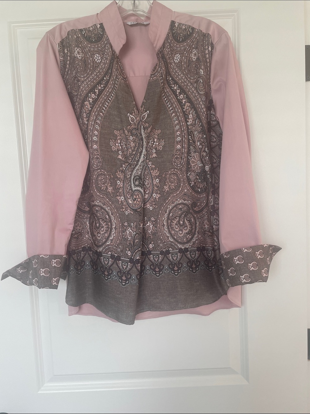 Pink Paisley-Front V-Neck Silk Blouse by CALIBAN